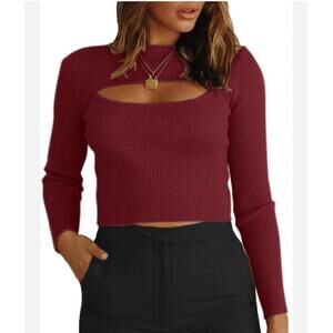 New Women's Cutout Long Sleeve Knitted Ribbed Pullover Sweater Jumper Top SZ XS